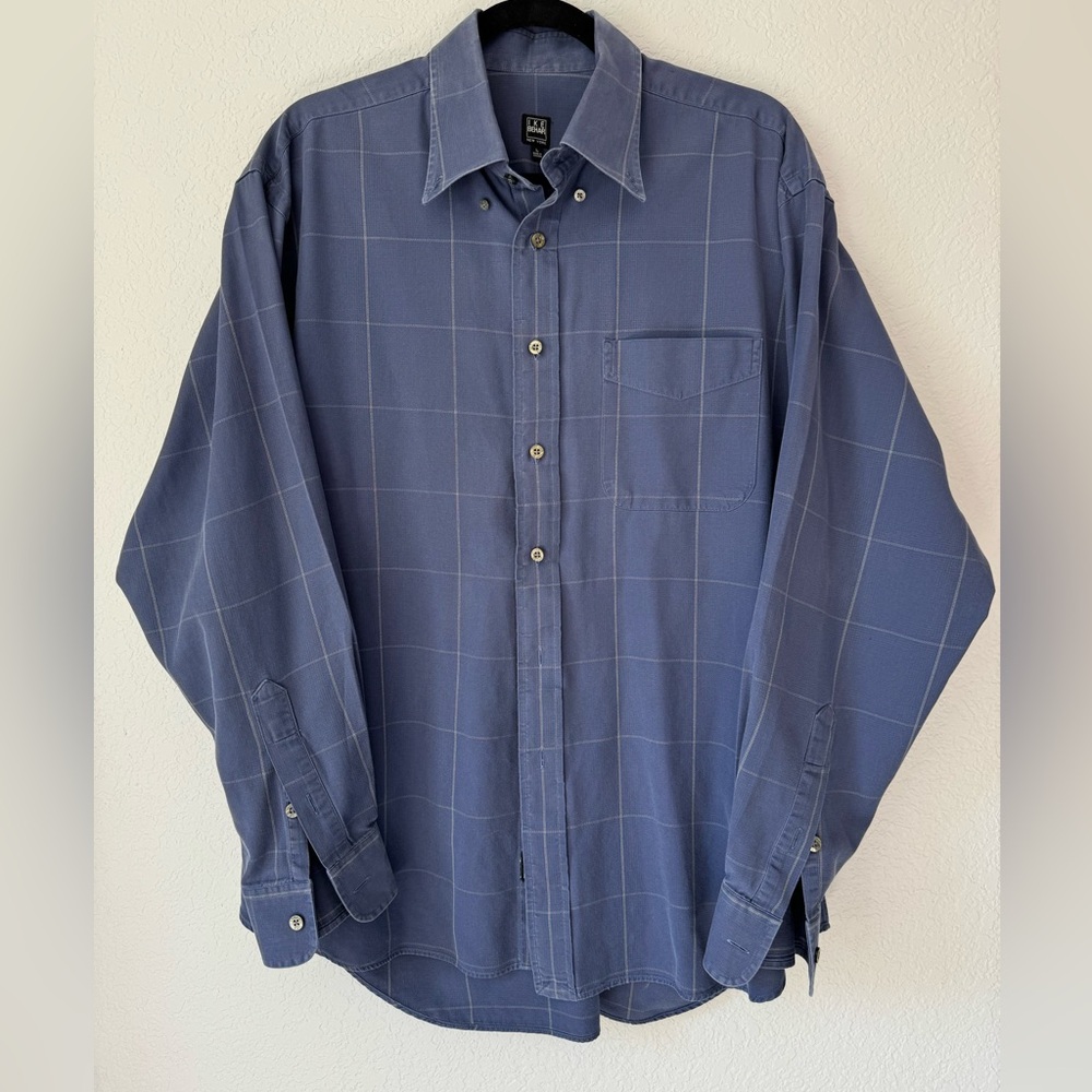 Ike Behar‎ Blue Grid Button Down Dress Shirt Men's Size Large Cotton Office